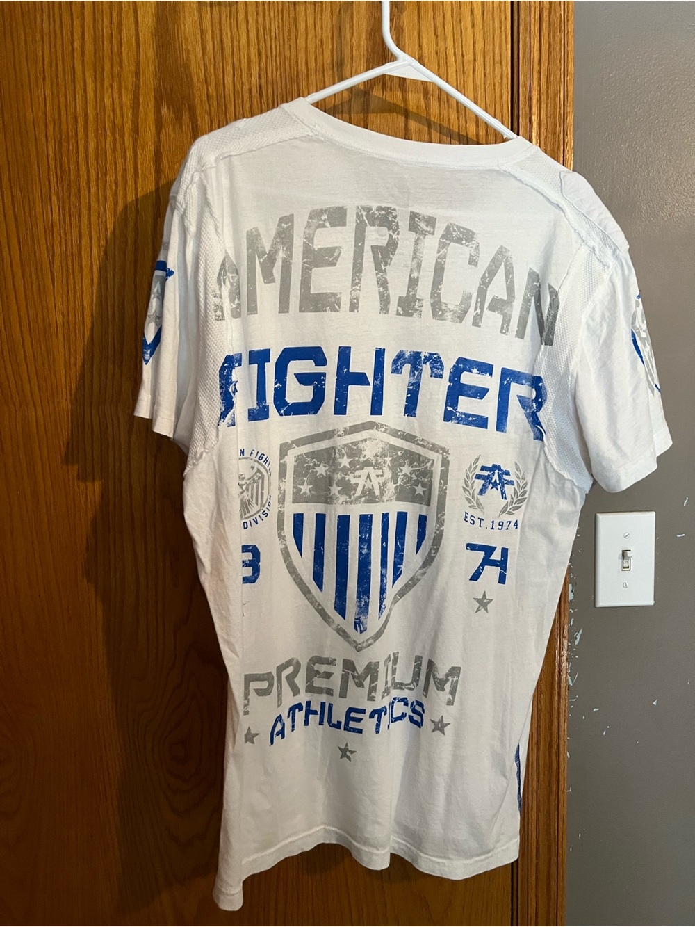 American Fighter White Short Sleeve Tee with Blue & Gray Shield Graphic